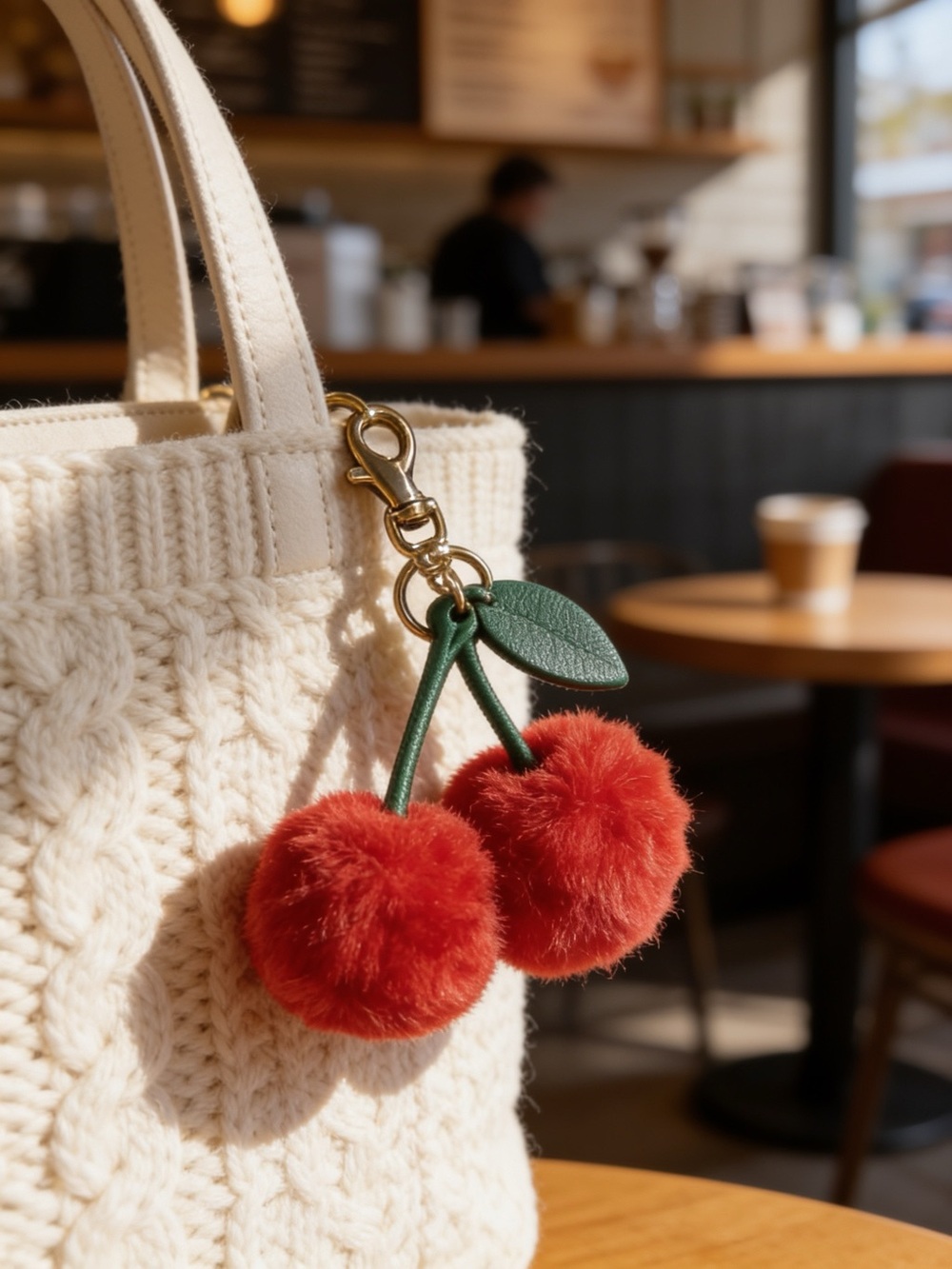 Victoria's Secret Red Cherry Pom Bag Charm with Green Leaf